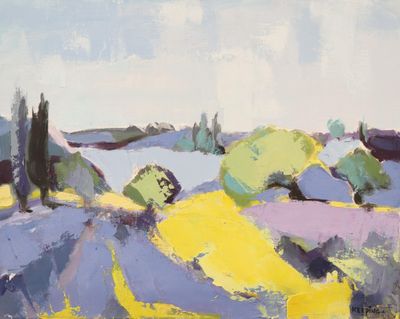 une image représentant un tableau d'un champ de fleurs jaunes et violettes