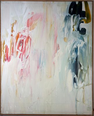 a painting of a woman walking down the street