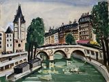 un tableau représentant un pont enjambant une rivière, sur lequel se trouvent des bateaux