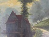 an image of a painting of a house by a river