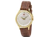 gros plan d'une montre sur fond blanc avec un bracelet marron