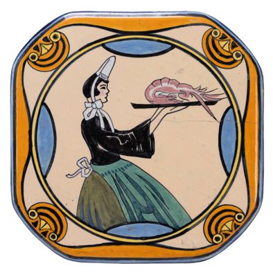 a picture of a woman holding a tray with food on it