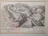 an old map of a mountain range with a mountain range in the background