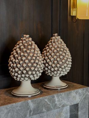 two decorative pine cones sitting on a marble table