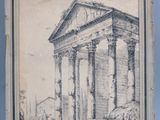 un vieux dessin représentant un bâtiment avec des colonnes et un homme debout devant celui-ci