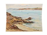 un tableau représentant une scène de plage avec des bateaux dans l'eau