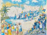 un tableau représentant une foule de personnes sur la plage