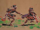 a painting of two men on a surfboard in the grass