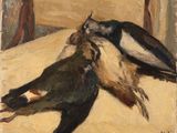 painting of a couple of birds laying on top of a bed next to each other