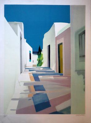 a picture of a painting of a person walking down a street
