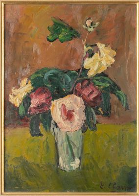 une peinture à l'huile représentant un vase de fleurs sur une table