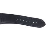 a close up of a black leather watch strap on a white background