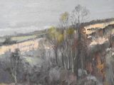 a painting of a landscape with trees in the foreground