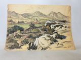 a drawing of a landscape with mountains in the background