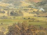 a painting of sheep grazing in a field with hills in the background