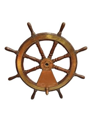 a close up of a wooden steering wheel on a white background