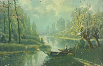 une peinture représentant un homme dans un bateau sur l'eau