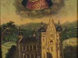 un vieux tableau représentant une femme volant au-dessus d'un château dans le ciel