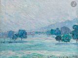 l'image d'une peinture d'un champ avec des arbres en arrière-plan
