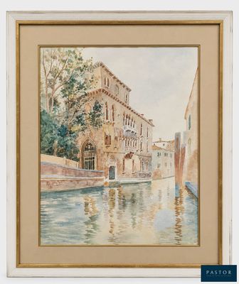 une aquarelle représentant un canal avec un bâtiment en arrière-plan