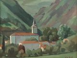 painting of a church with a steeple in a mountainous landscape
