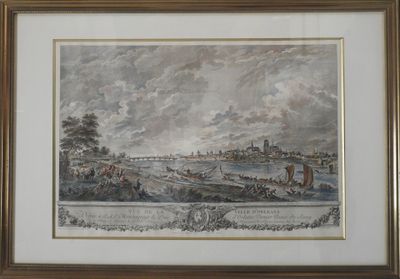 tableau représentant une vue d'une ville avec une rivière au premier plan et un pont au loin