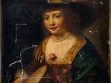 a painting of a woman in a hat holding a book