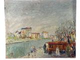 une peinture à l'huile représentant des personnes marchant sur un trottoir près d'une rivière