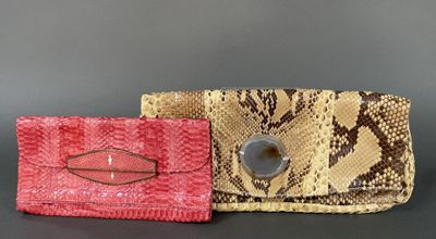 pair of snakeskin purses with metal clasps on a black surface
