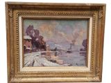 une image d'une peinture représentant une scène de plage avec un bateau dans l'eau