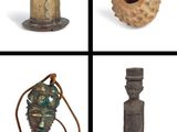 several different types of bronze objects are displayed on a white background