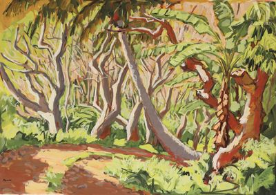 un tableau représentant un sentier dans les bois, bordé d'arbres