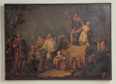 an old painting of a group of people standing around a table