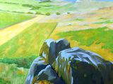 une peinture représentant une peinture d'un champ parsemé de rochers