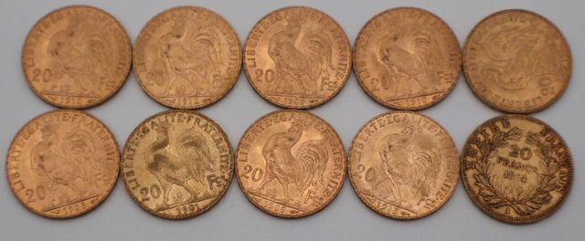 Dix pièces de monnaie en or à valeur faciale de vingt francs (dif...