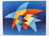 painting of a blue, orange, and yellow star on a blue background