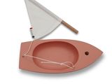 a small wooden boat with a sail on top of it