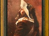 painting of a man with a white hat and a white cloth on his head