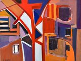 painting of a painting of a city with buildings and a tree