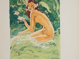 a painting of a naked woman sitting in the grass holding a flower