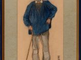 painting of a man with a hat and cane standing in front of a wall