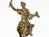 bronze statue of a woman holding a sword on a marble base