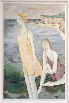 a painting of two women sitting on a bench by the water