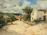painting of a village street with a horse drawn carriage on the side of the road
