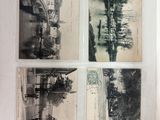 several old black and white photos of a building and trees