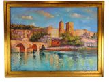 an oil painting of a bridge over a river with a castle in the background