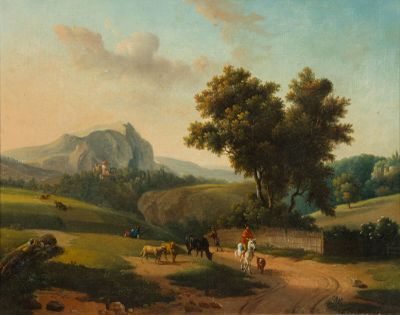 painting of a rural landscape with cattle and people on a dirt road