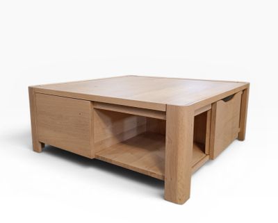 an image of a wooden coffee table with drawers