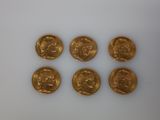 six pièces d'or sont disposées en ligne sur une surface blanche