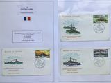 four different stamps on a sheet of paper with a picture of a ship